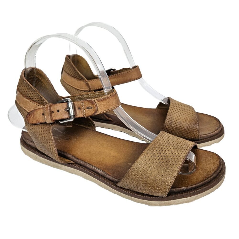 Miz Mooz Tan Perforated Leather Buckle Ankle Strap Flat Sandal EU 38/US 7.5-8